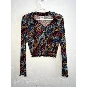 Self esteem mesh v neck‎ scalloped trim cropped long sleeve shirt womens L y2k